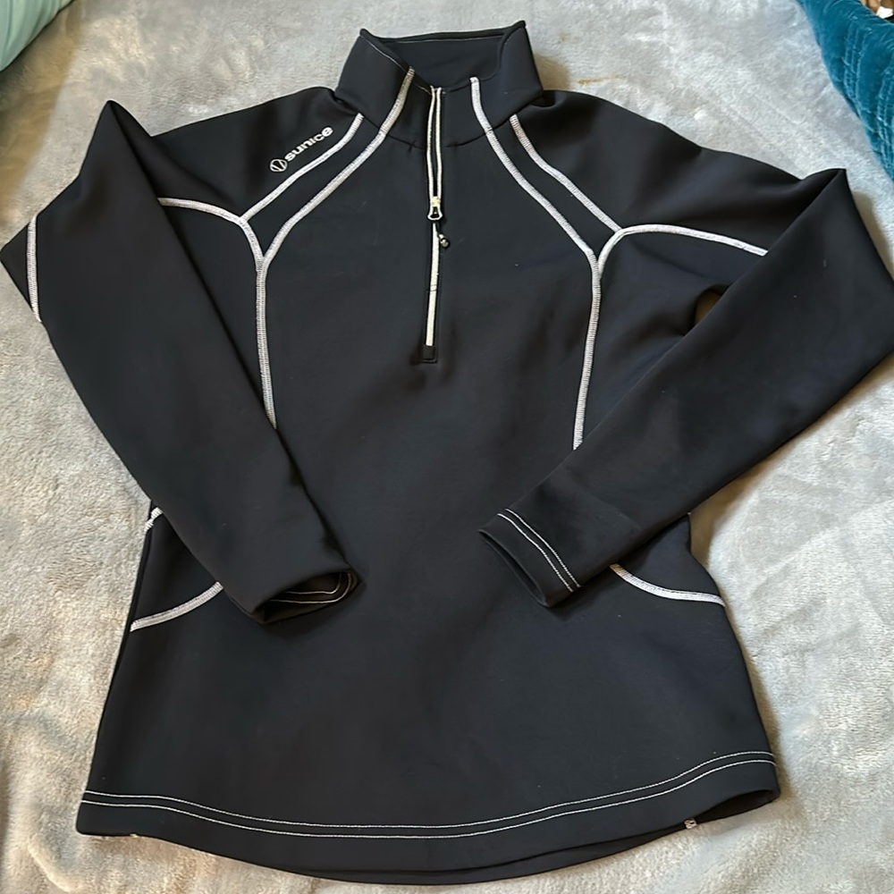 Black w/white piping Sunice sport zipper mock shirt, long sleeves.